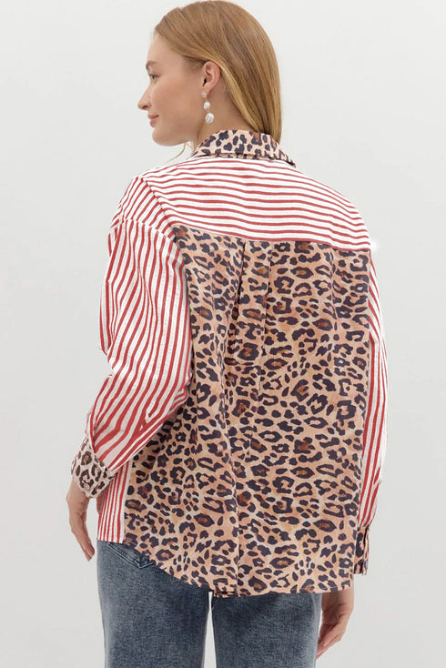 Mixed Pattern Button Front Long Sleeve Shirt