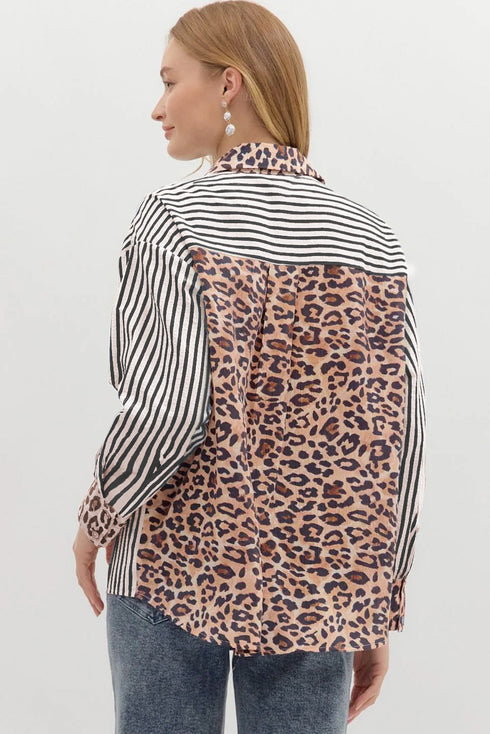 Mixed Pattern Button Front Long Sleeve Shirt