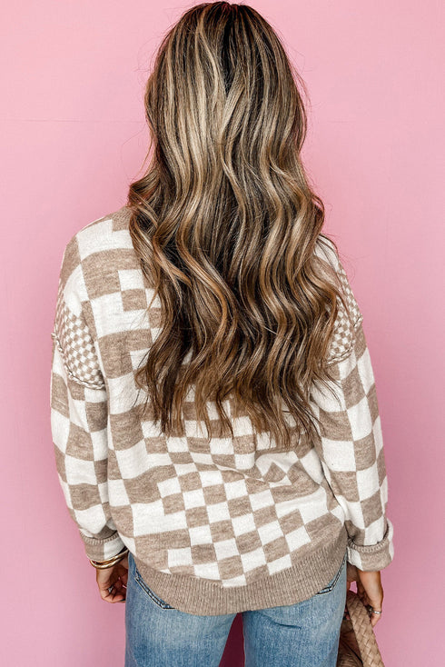 Mixed Pattern Checkered Drop Shoulder Knit Sweater