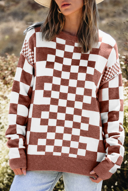 Mixed Pattern Checkered Drop Shoulder Knit Sweater