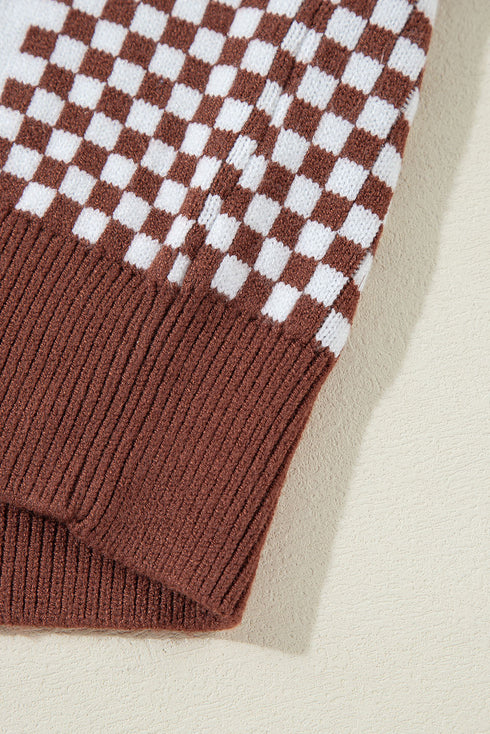 Mixed Pattern Checkered Drop Shoulder Knit Sweater