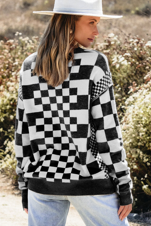 Mixed Pattern Checkered Drop Shoulder Knit Sweater