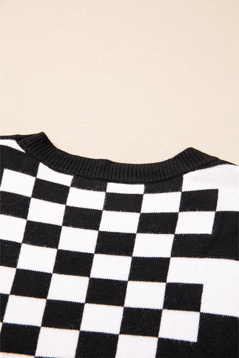 Mixed Pattern Checkered Drop Shoulder Knit Sweater
