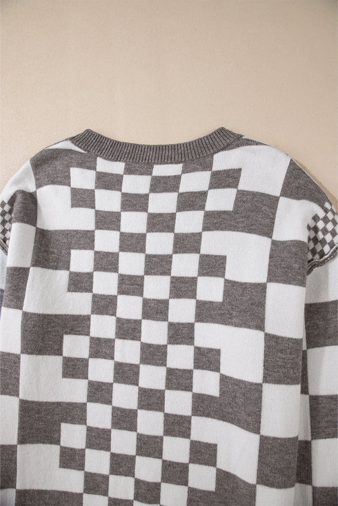 Mixed Pattern Checkered Drop Shoulder Knit Sweater