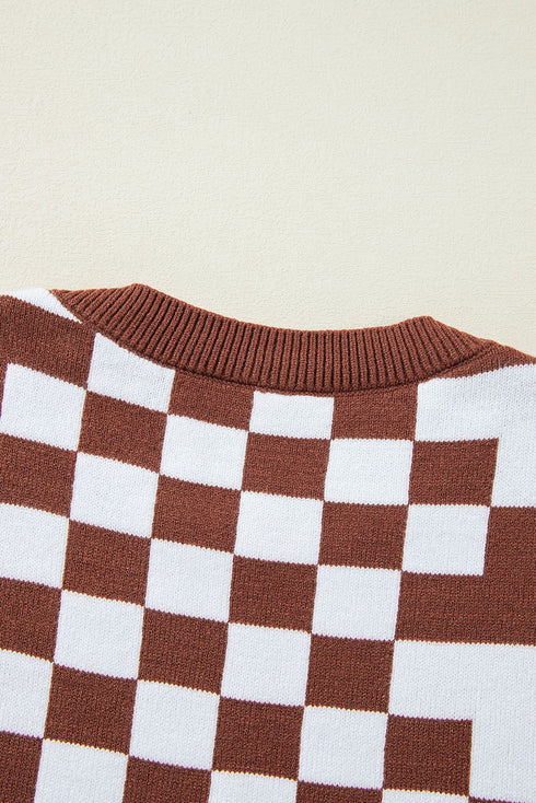 Mixed Pattern Checkered Drop Shoulder Knit Sweater