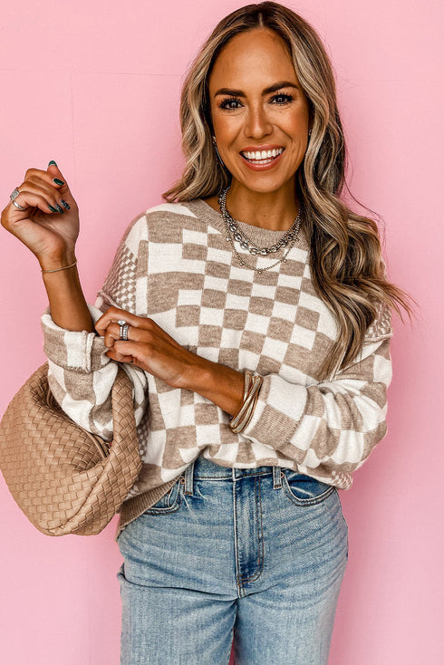 Mixed Pattern Checkered Drop Shoulder Knit Sweater