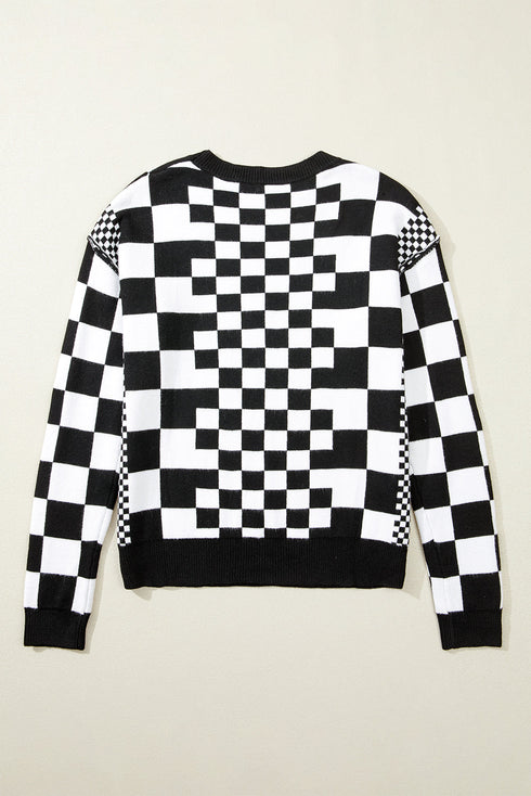 Mixed Pattern Checkered Drop Shoulder Knit Sweater