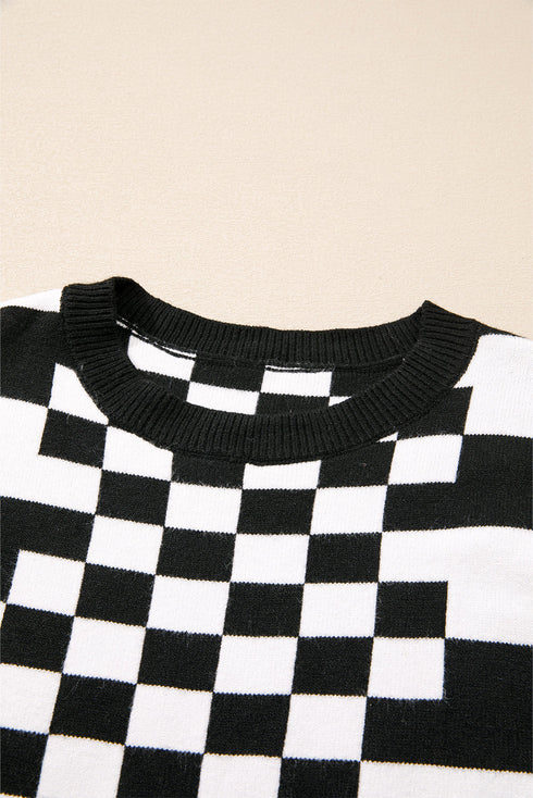 Mixed Pattern Checkered Drop Shoulder Knit Sweater