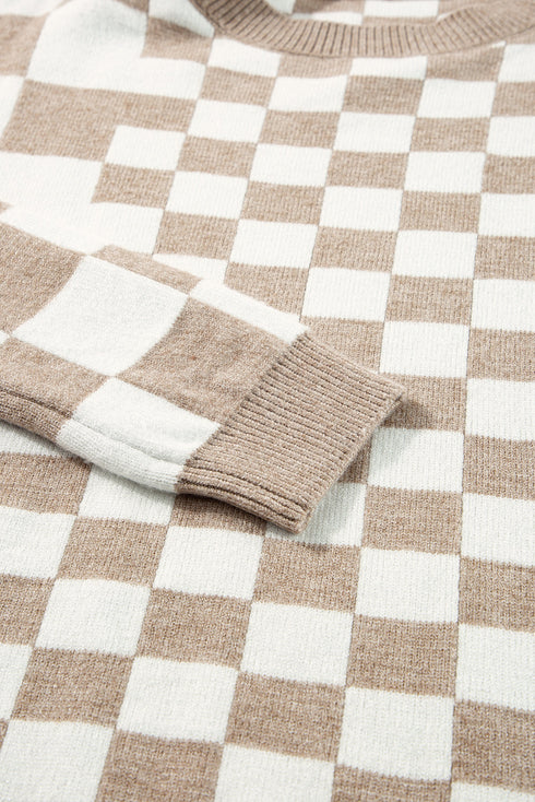Mixed Pattern Checkered Drop Shoulder Knit Sweater