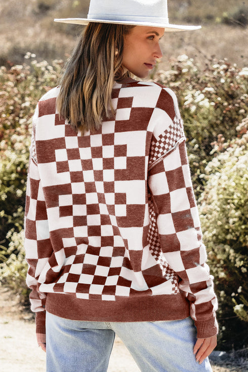 Mixed Pattern Checkered Drop Shoulder Knit Sweater