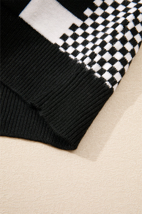 Mixed Pattern Checkered Drop Shoulder Knit Sweater