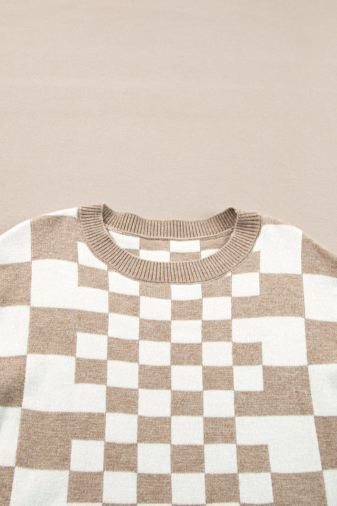 Mixed Pattern Checkered Drop Shoulder Knit Sweater