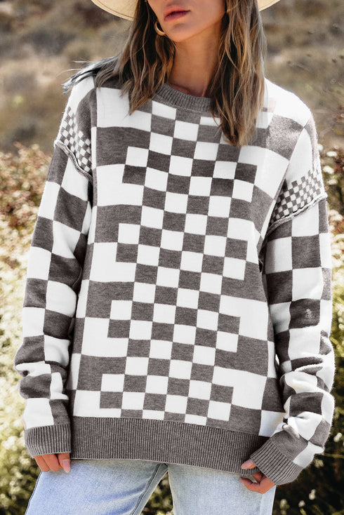 Mixed Pattern Checkered Drop Shoulder Knit Sweater