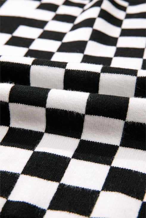 Mixed Pattern Checkered Drop Shoulder Knit Sweater