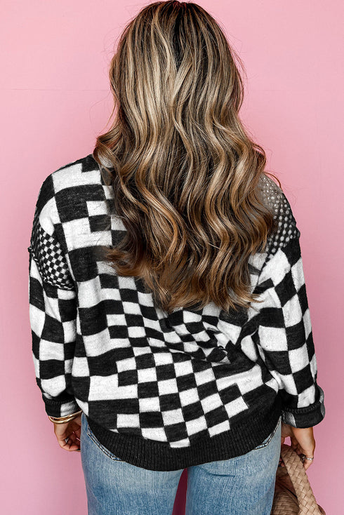 Mixed Pattern Checkered Drop Shoulder Knit Sweater