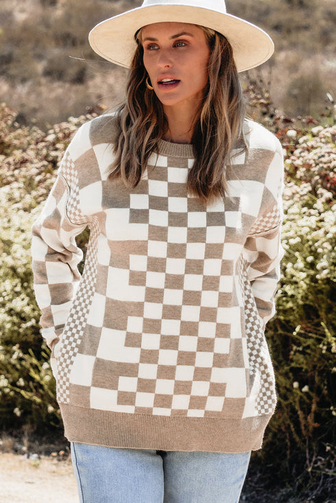 Mixed Pattern Checkered Drop Shoulder Knit Sweater