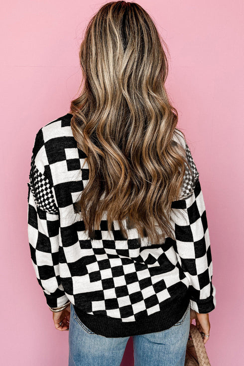 Mixed Pattern Checkered Drop Shoulder Knit Sweater