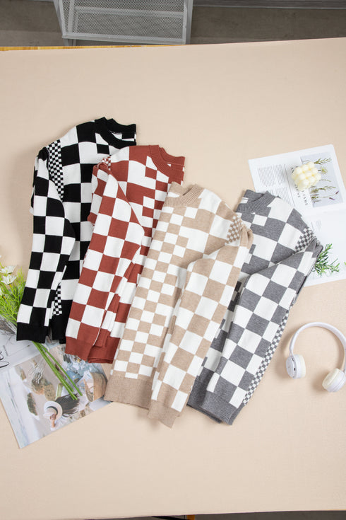 Mixed Pattern Checkered Drop Shoulder Knit Sweater