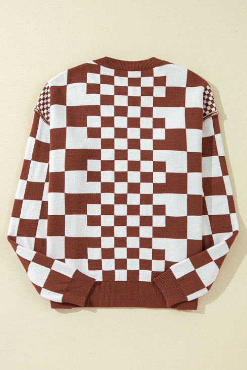 Mixed Pattern Checkered Drop Shoulder Knit Sweater