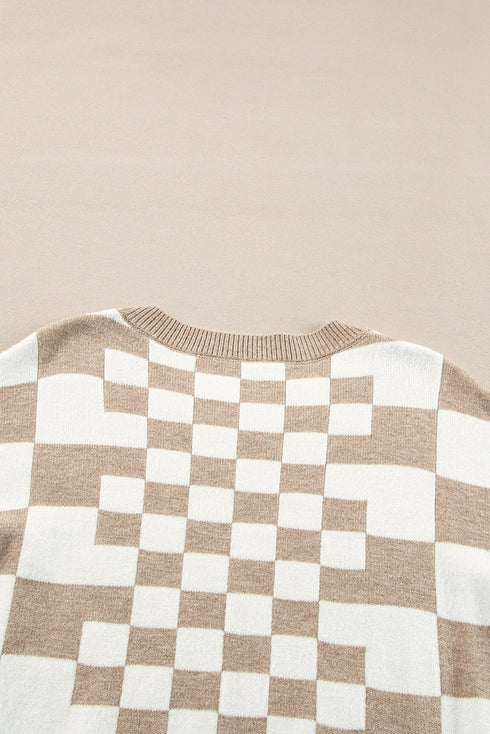 Mixed Pattern Checkered Drop Shoulder Knit Sweater