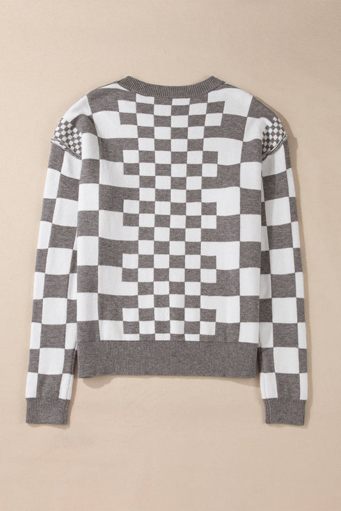 Mixed Pattern Checkered Drop Shoulder Knit Sweater