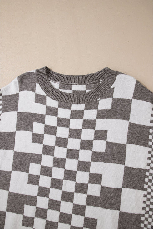 Mixed Pattern Checkered Drop Shoulder Knit Sweater