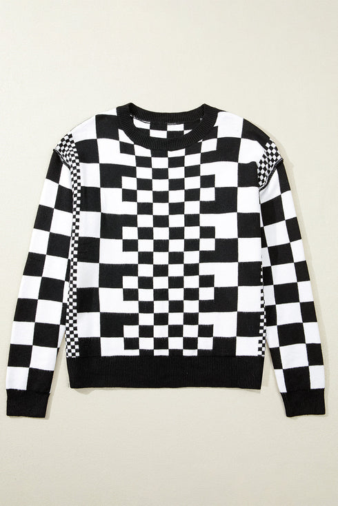 Mixed Pattern Checkered Drop Shoulder Knit Sweater