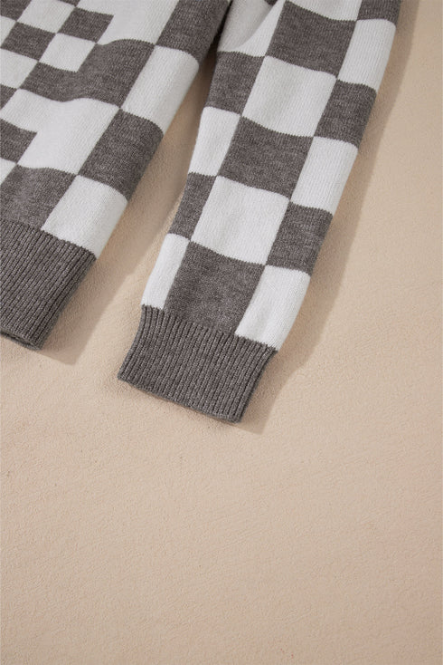 Mixed Pattern Checkered Drop Shoulder Knit Sweater