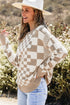 Mixed Pattern Checkered Drop Shoulder Knit Sweater