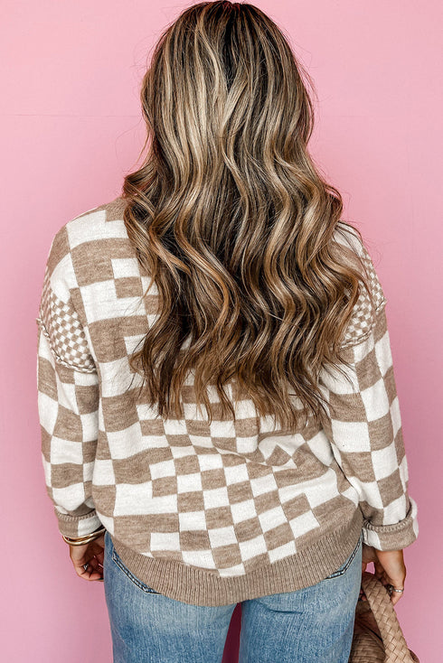 Mixed Pattern Checkered Drop Shoulder Knit Sweater