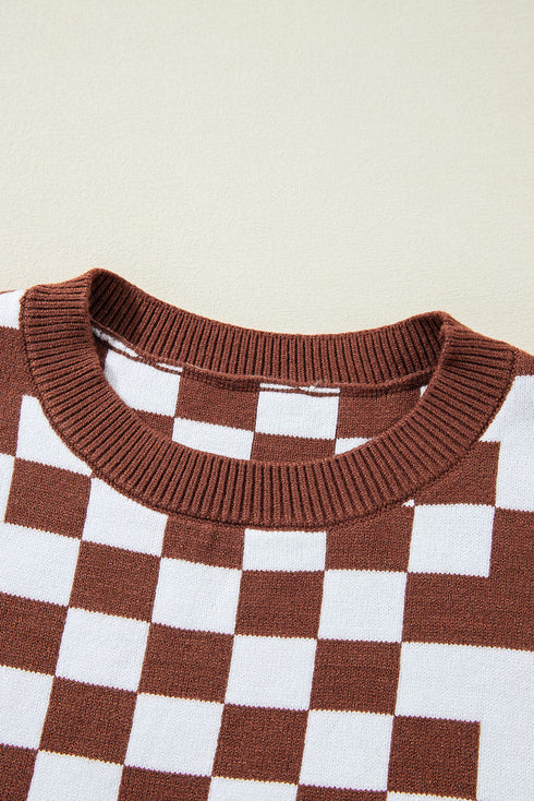 Mixed Pattern Checkered Drop Shoulder Knit Sweater
