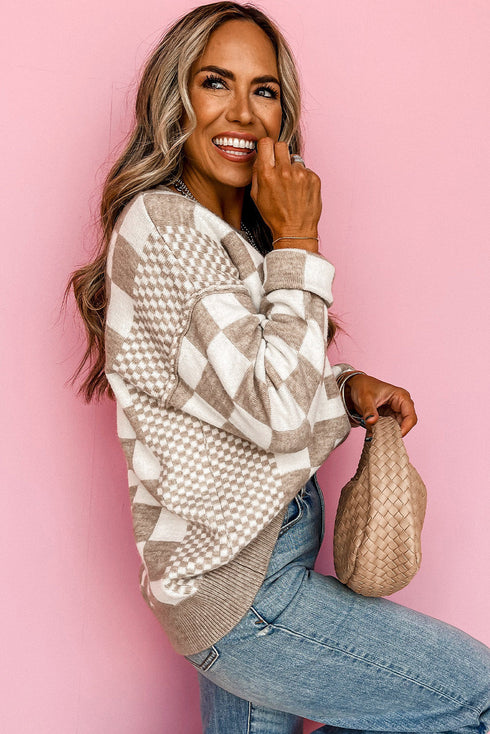 Mixed Pattern Checkered Drop Shoulder Knit Sweater