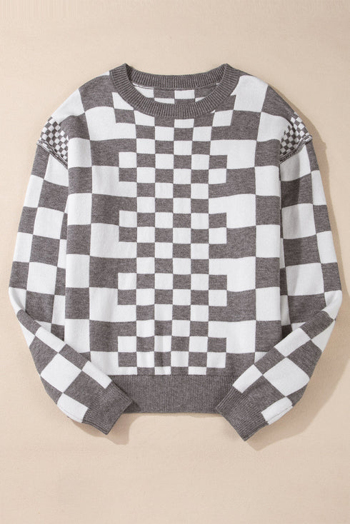 Mixed Pattern Checkered Drop Shoulder Knit Sweater