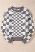 Mixed Pattern Checkered Drop Shoulder Knit Sweater