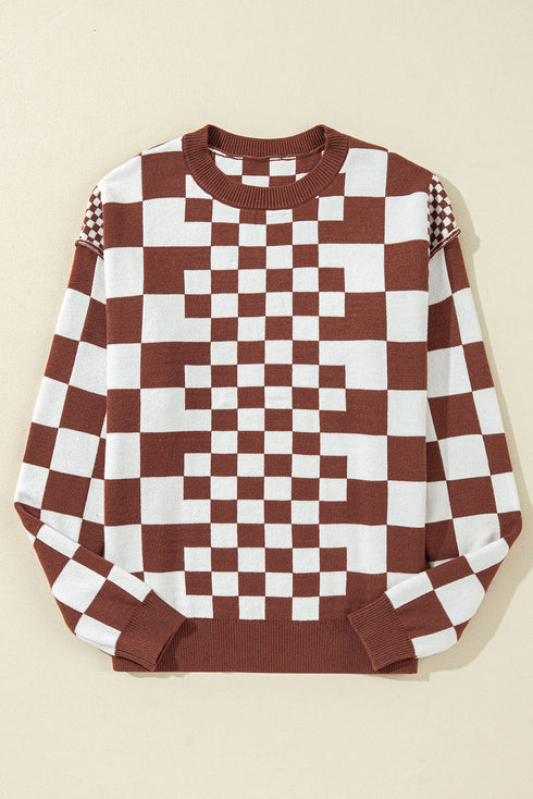 Mixed Pattern Checkered Drop Shoulder Knit Sweater