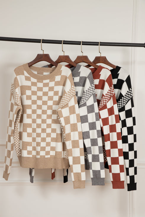 Mixed Pattern Checkered Drop Shoulder Knit Sweater
