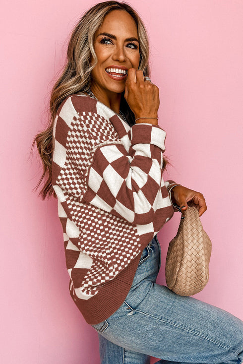 Mixed Pattern Checkered Drop Shoulder Knit Sweater