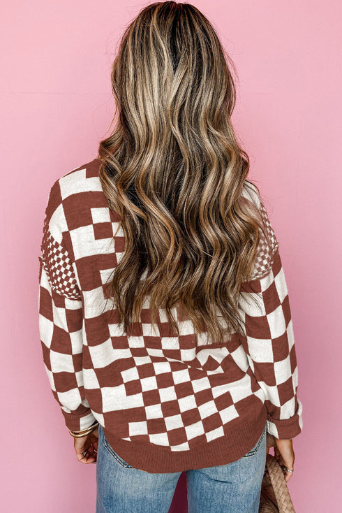 Mixed Pattern Checkered Drop Shoulder Knit Sweater