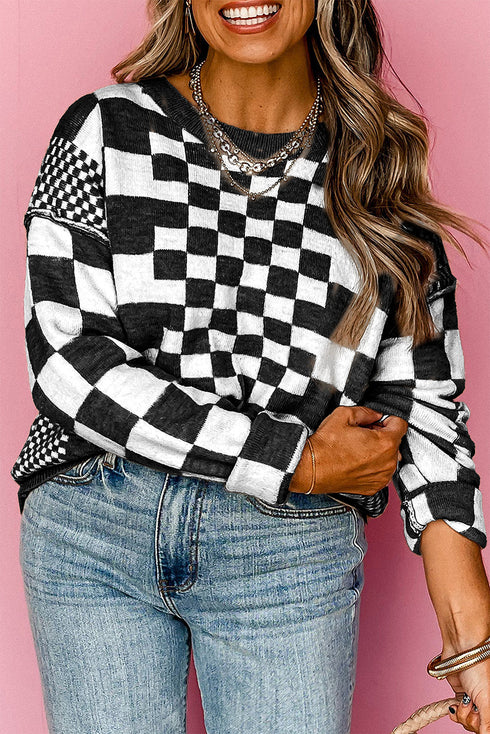 Mixed Pattern Checkered Drop Shoulder Knit Sweater