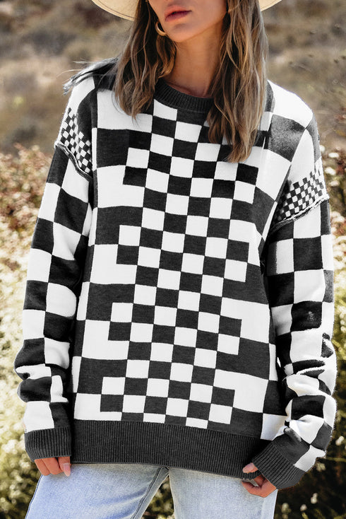 Mixed Pattern Checkered Drop Shoulder Knit Sweater