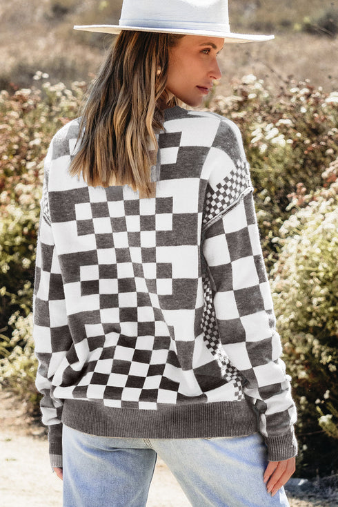 Mixed Pattern Checkered Drop Shoulder Knit Sweater