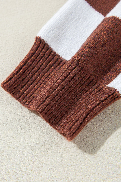 Mixed Pattern Checkered Drop Shoulder Knit Sweater