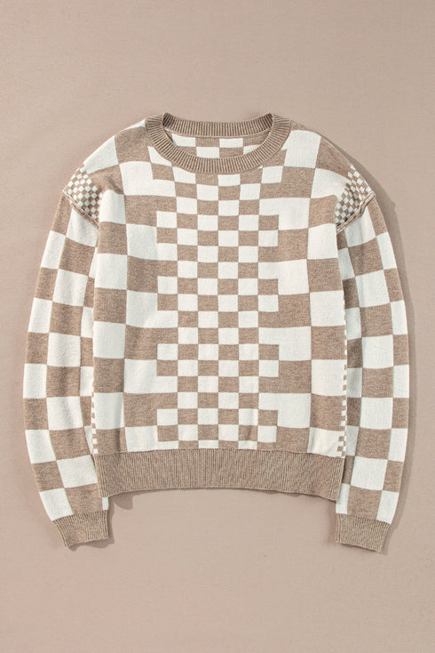 Mixed Pattern Checkered Drop Shoulder Knit Sweater