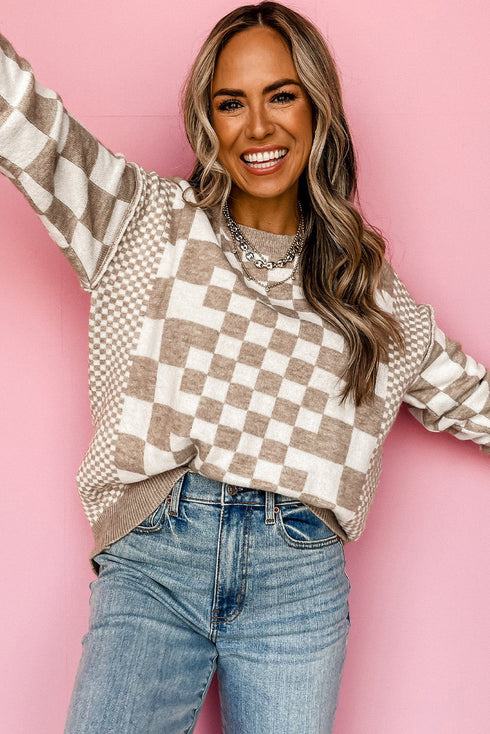 Mixed Pattern Checkered Drop Shoulder Knit Sweater