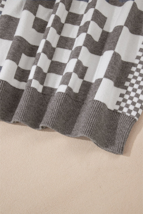 Mixed Pattern Checkered Drop Shoulder Knit Sweater
