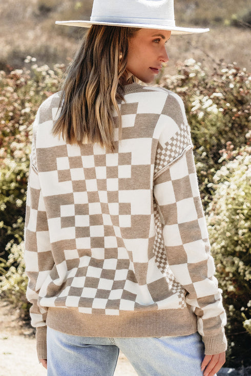 Mixed Pattern Checkered Drop Shoulder Knit Sweater