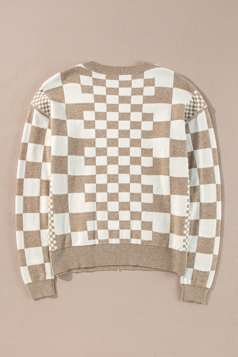 Mixed Pattern Checkered Drop Shoulder Knit Sweater