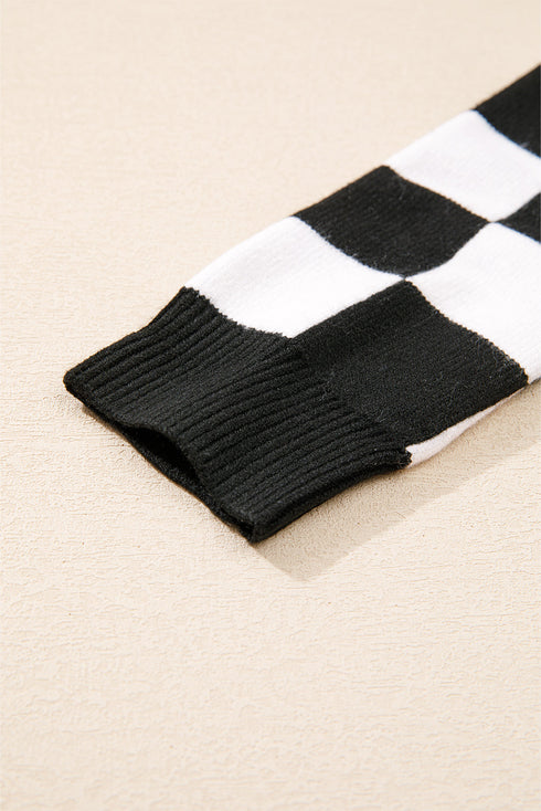 Mixed Pattern Checkered Drop Shoulder Knit Sweater