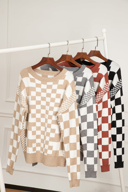 Mixed Pattern Checkered Drop Shoulder Knit Sweater