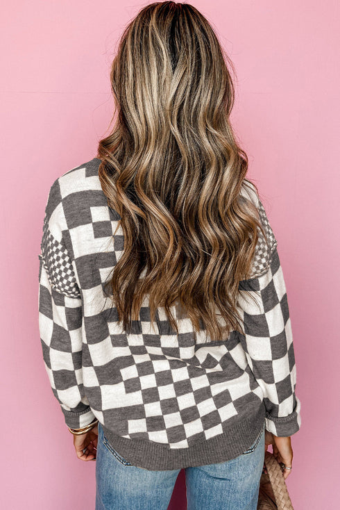 Mixed Pattern Checkered Drop Shoulder Knit Sweater